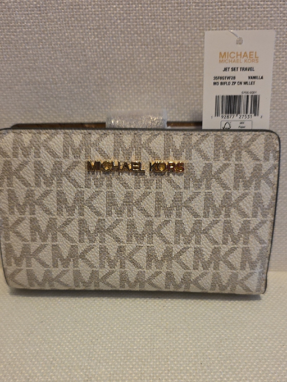 NWT Michael Kors Vanilla Logo Zip Coin Wallet with Gold Hardware